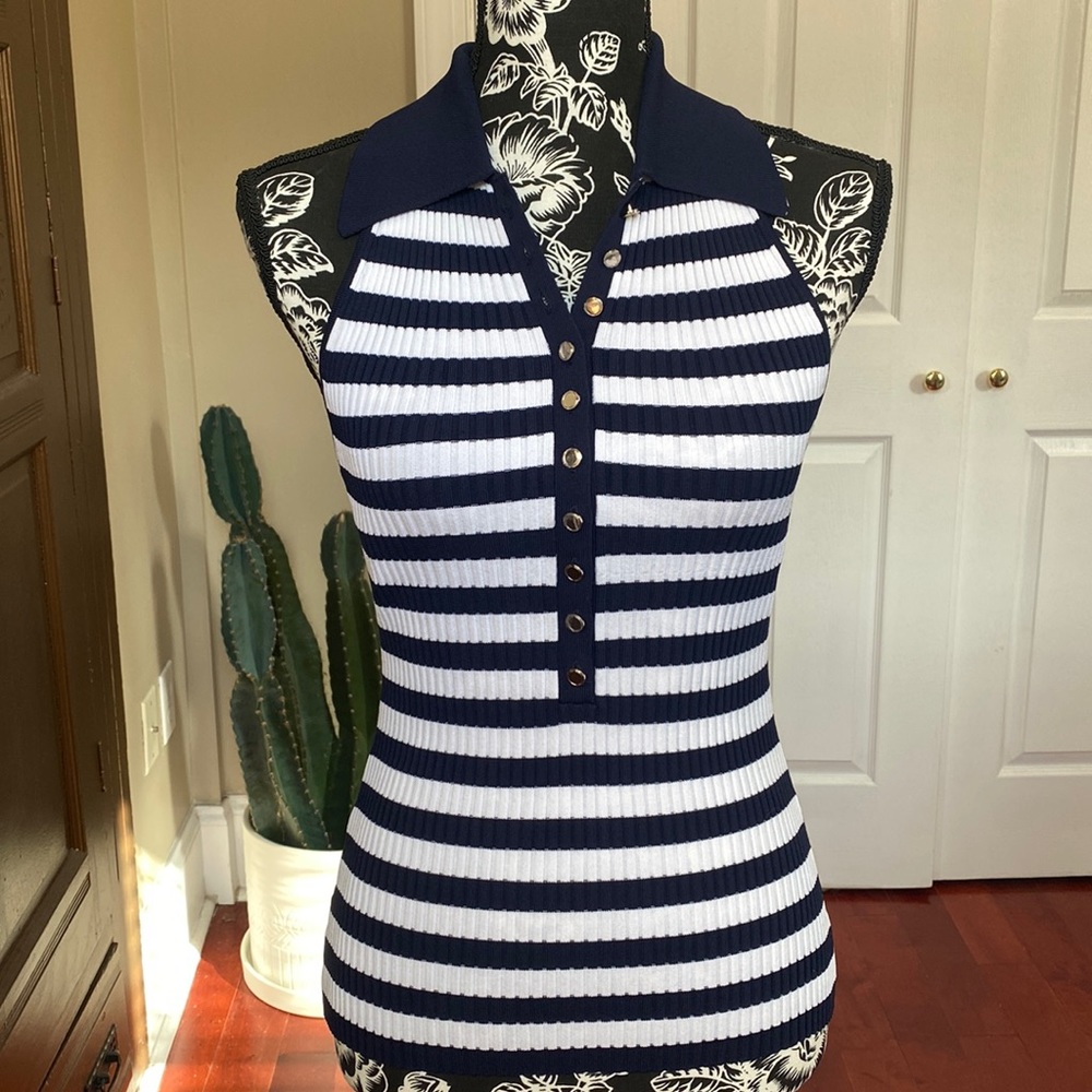 NEVER WORN WHBM NAVY AND WHITE STRIPED TOP